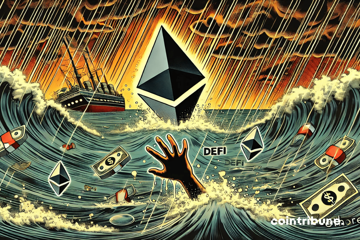 Ethereum logo sinking in a storm