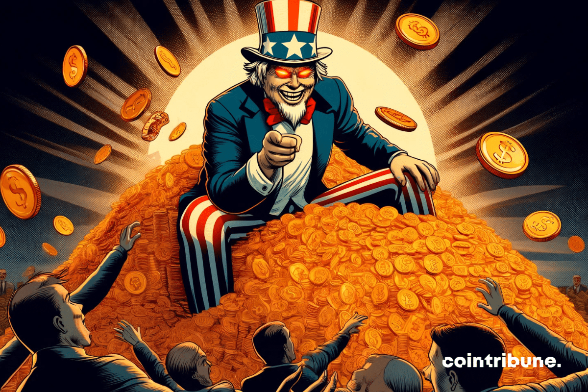 Uncle Sam sitting on a mountain of silver coins before the eyes of bewildered investors