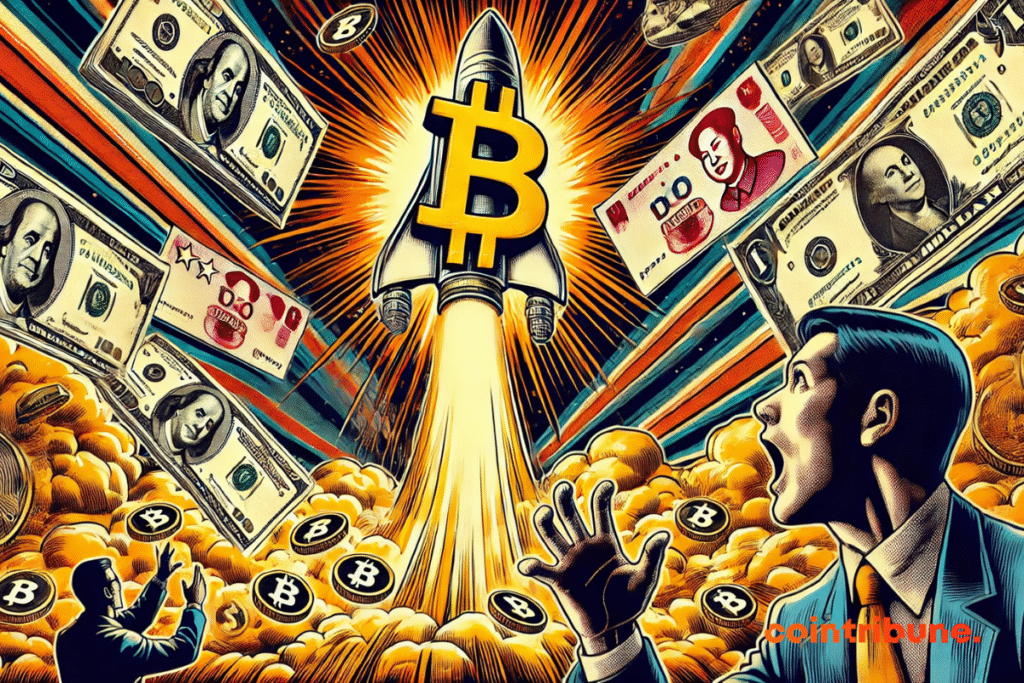 A Bitcoin-shaped rocket soars into the sky, leaving behind a trail of dollar bills and yuan bills swept up in its meteoric ascent. In the foreground, a fascinated trader watches the explosion of value on a giant screen, while in the background, others react with amazement and excitement. Dramatic lighting and dynamic lines accentuate the intensity of the scene.