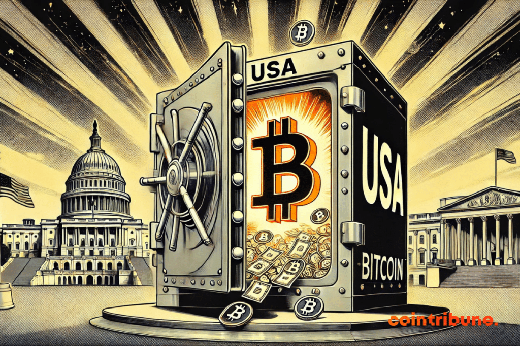 The illustration depicts a massive safe, marked “USA” and sporting a Bitcoin symbol engraved on its door like an indelible seal. Slightly ajar, it lets out a brilliant golden light, illuminating wads of banknotes and Bitcoin coins floating in the air.