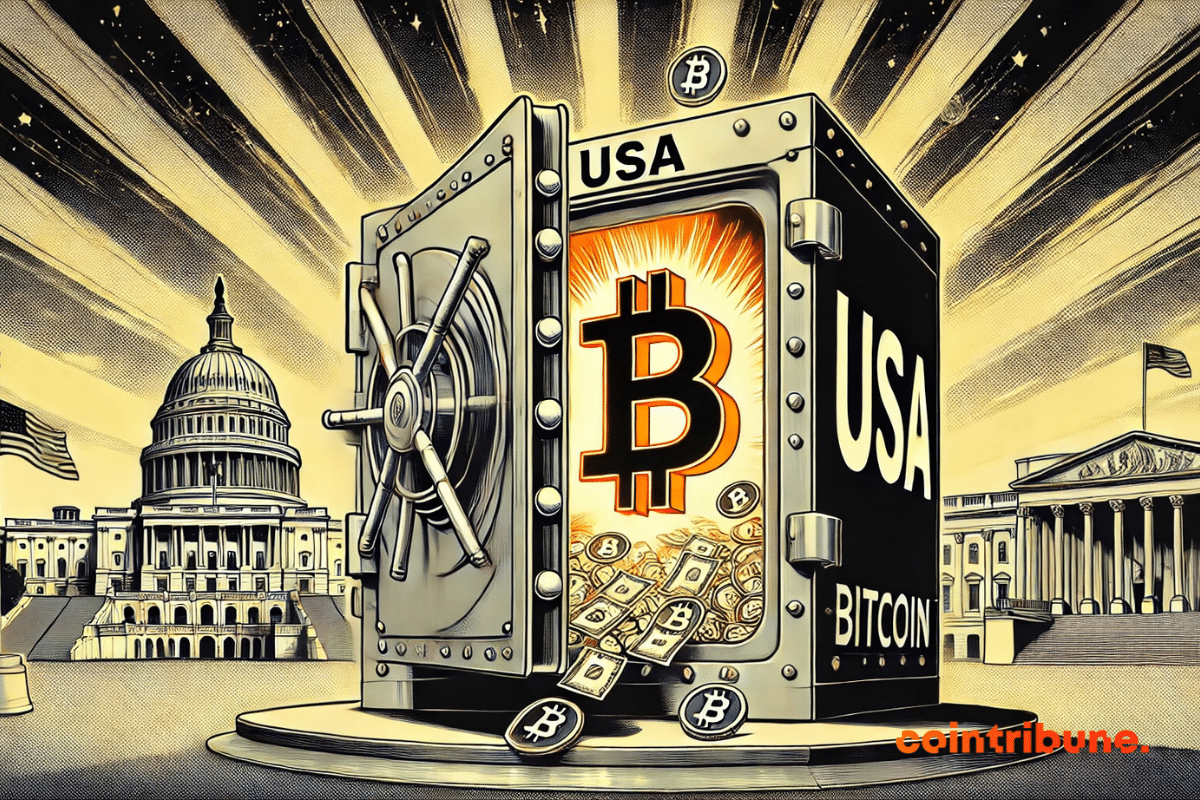 L’illustration représente un coffre-fort massif, marqué "USA" et arborant un symbole Bitcoin gravé sur sa porte, tel un sceau indélébile. Légèrement entrouvert, il laisse échapper une lumière dorée éclatante, illuminant des liasses de billets et des pièces de Bitcoin flottant dans l’air. Le coffre repose sur un imposant piédestal, renforçant son aura de puissance et de mystère. En arrière-plan, les silhouettes du Capitole et de la Maison-Blanche se dessinent en noir et blanc, contrastant avec le coffre orange vif, élément central de l’image. L’ensemble, inspiré du style des comics des années 1970, joue avec des ombres marquées et des reflets métalliques pour une ambiance dramatique et percutante.