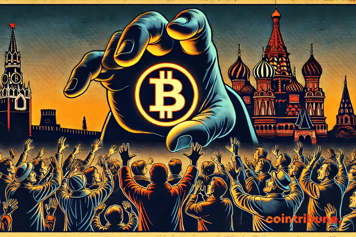 This '70s cartoon-style illustration depicts a huge hand emerging from the shadows and grabbing a glowing Bitcoin, while a crowd below reaches out for the cryptocurrency. Moscow's iconic towers, including St. Basil's Cathedral and the Kremlin, can be seen in the background, reinforcing the Russian context. The color palette, dominated by orange, black and white, accentuates the scene's dramatic contrast, suggesting a stake of control and power around Bitcoin in Russia.