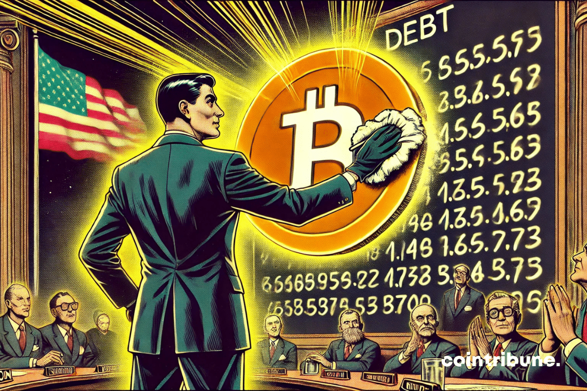 In this '70s comic-book-style illustration, a dark-suited politician, reminiscent of an American president, determinedly erases a gigantic blackboard covered in figures representing the national debt. Behind him, a huge Bitcoin coin glows intensely, gradually revealed beneath the erased chalk. In the background, silhouettes of skeptical politicians watch the scene warily, while the American flag flies discreetly. The sharp contrast between the bright orange of the Bitcoin and the surrounding darkness accentuates the symbolism of the financial change underway.