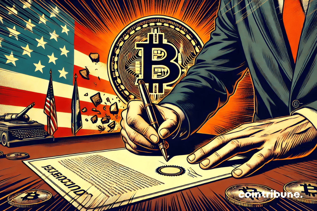 A close-up of a hand in a suit signing an official decree on Bitcoin