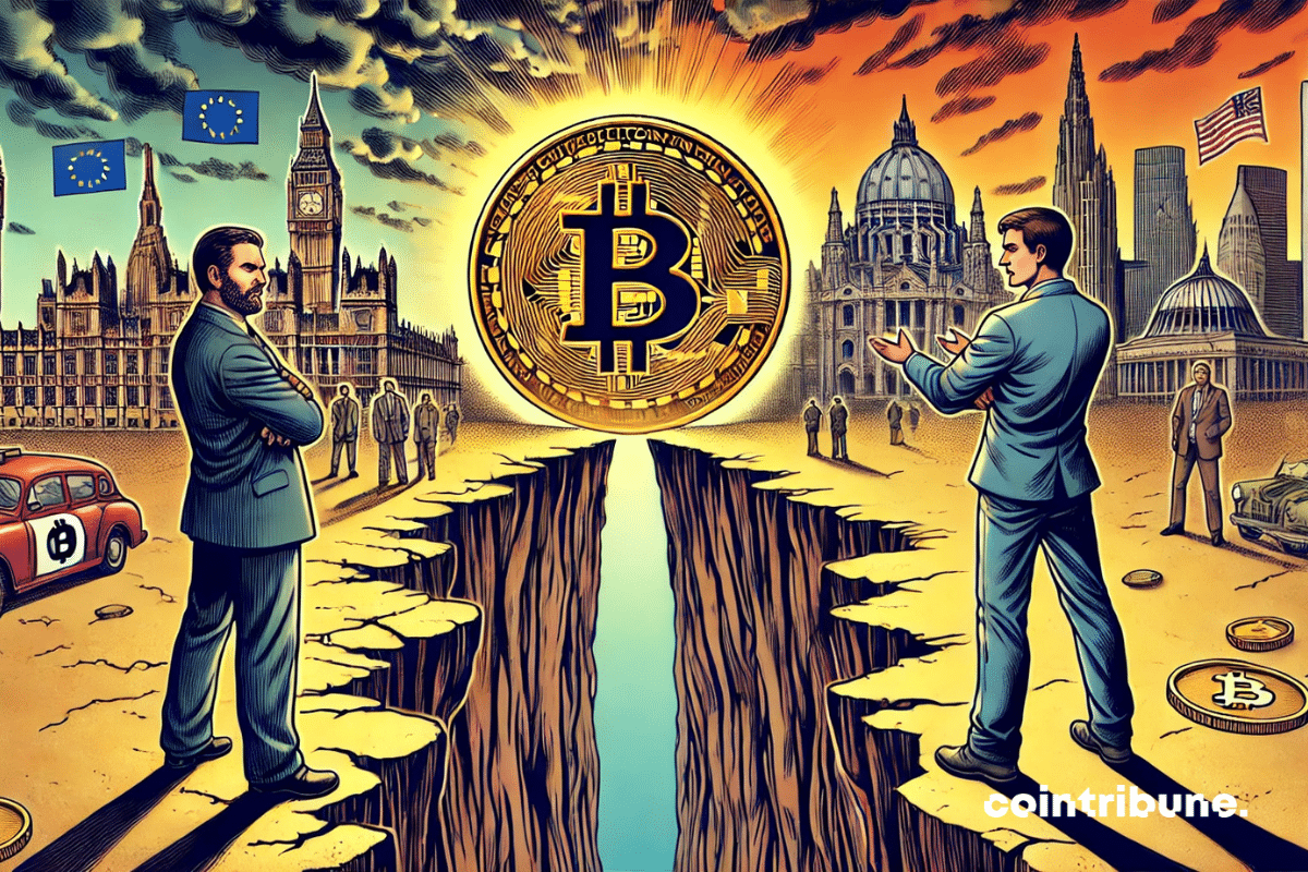 La imagen ilustra un abismo simbólico entre la Unión Europea y Estados Unidos en lo que respecta a Bitcoin. Por un lado, un escéptico regulador europeo se alza sobre un suelo seco y agrietado con la palabra «CBDC» grabada.