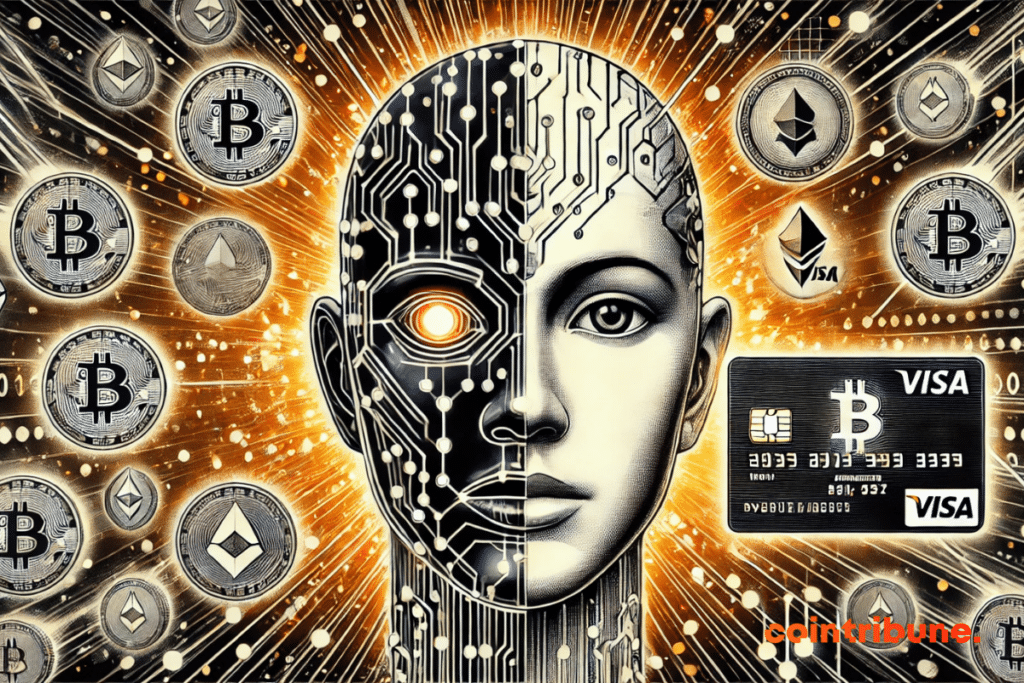 Illustration d'un visage humanoïde semi-robotique et une carte crypto Visa