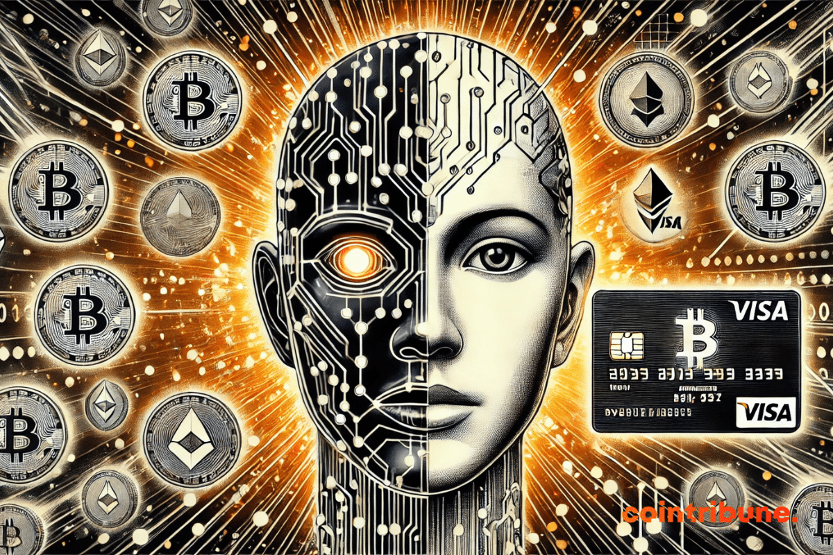 Ilustración de un rostro humanoide semirrobótico y una tarjeta cripto Visa