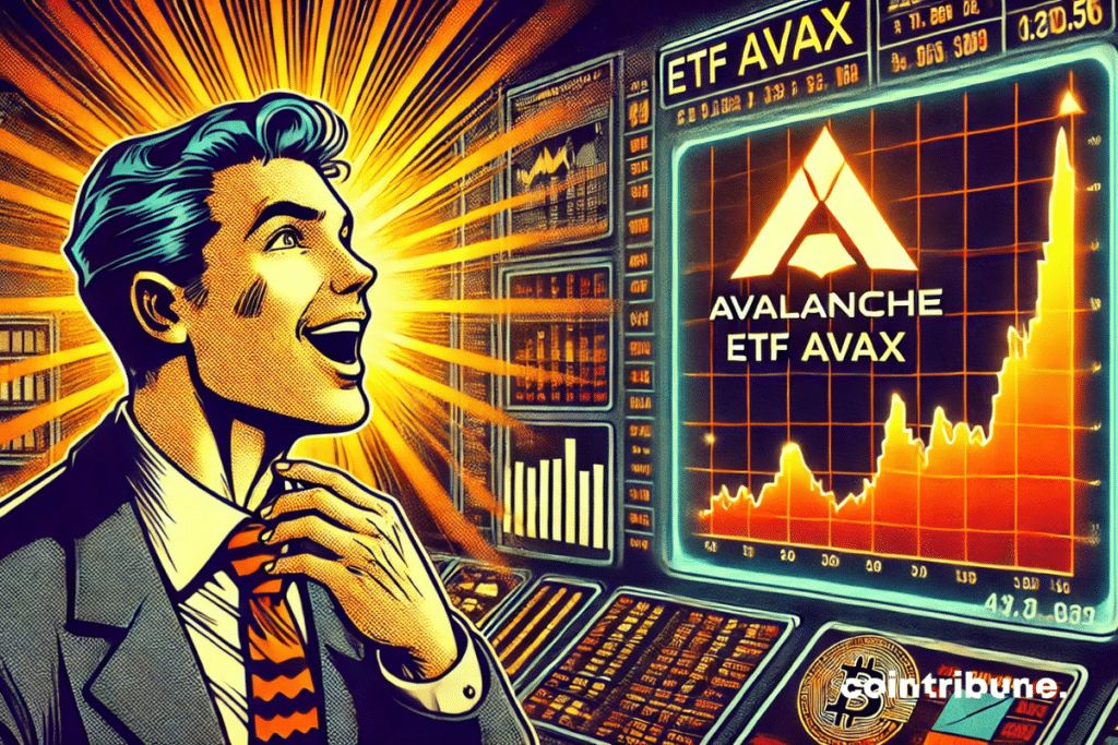 Un trader en costume regarde un écran affichant le logo Avalanche et un graphique en hausse.