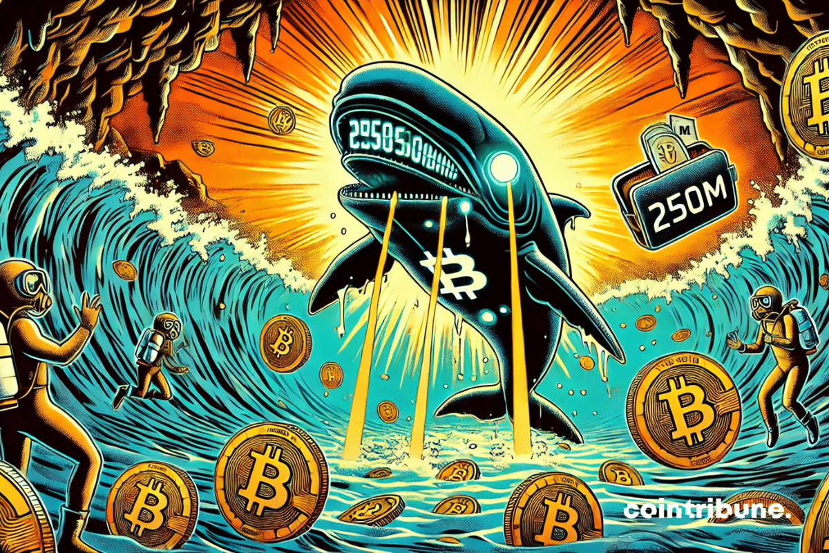 A huge stylized half-robotic, half-organic whale with gleaming white eyes emerges from a bed of coins with Bitcoin logos.