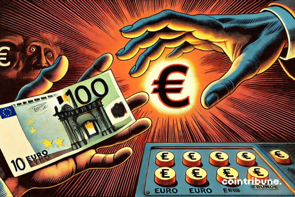 A modern desk with a screen displaying a huge digitized “€”. One hand hesitantly holds a banknote, while the other touches a screen showing the digital euro.