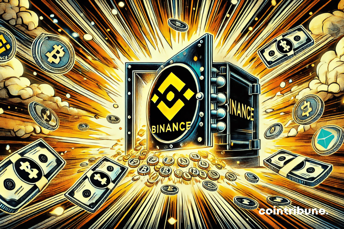 Una caja fuerte Binance rebosante de riquezas, con una iluminación intensa y un efecto dramático.