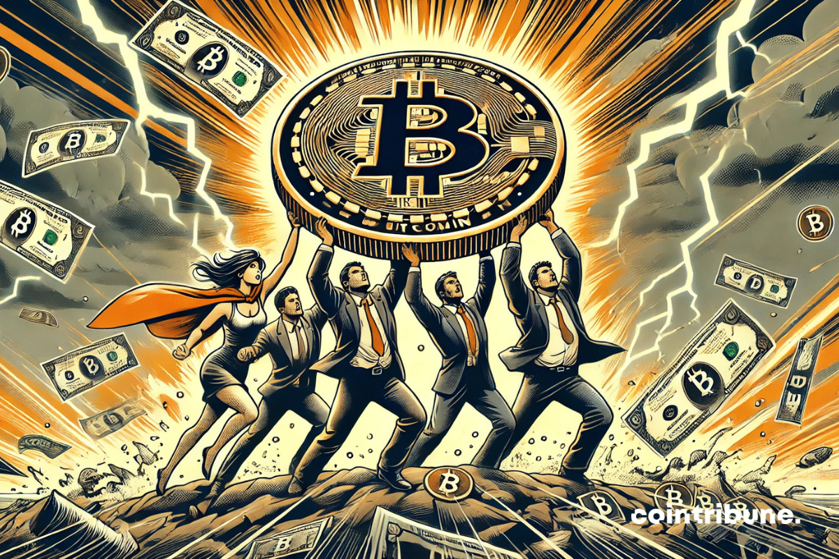 A group of characters who look like traders or investors hold a huge Bitcoin coin like a shield against a storm of flying bills and lightning.