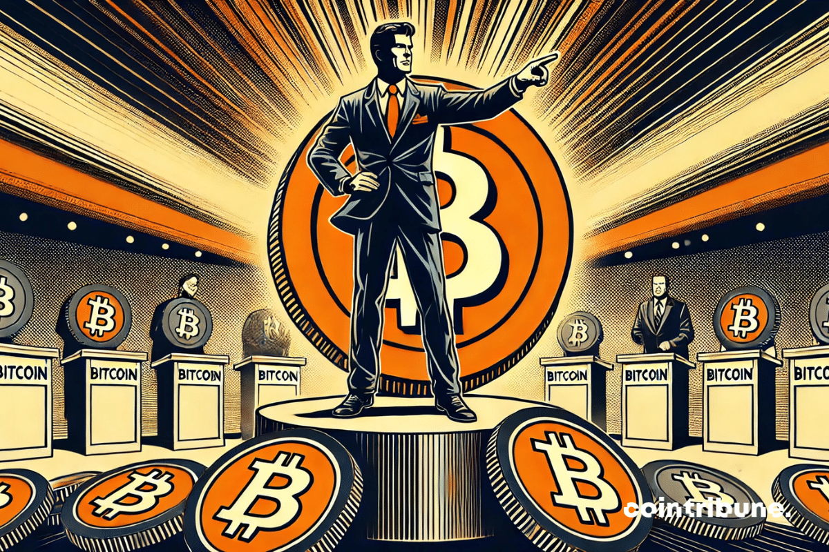 An investor standing on a Bitcoin-shaped pedestal, overlooking a crowd of fragmented altcoins.