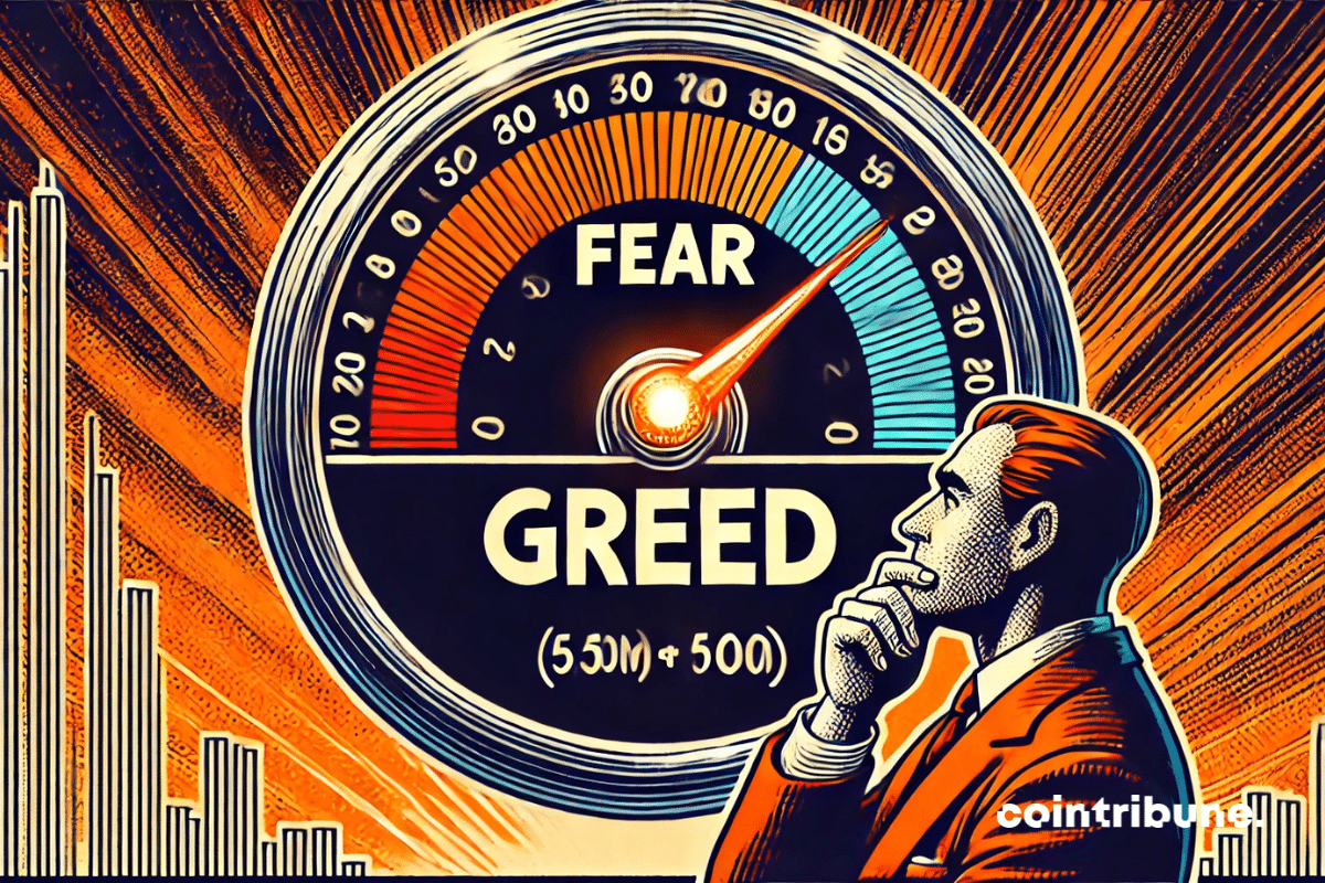 A Bitcoin dial inspired by a speedometer, marked “FEAR” on the left and “CUPIDITY” on the right, with the needle locked in the center.