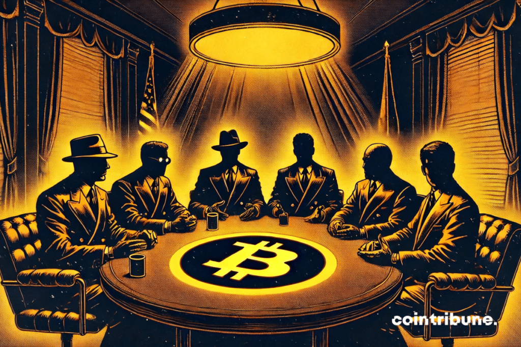 Una reunión secreta con seis figuras sombrías alrededor de una mesa, iluminada por un Bitcoin incandescente.