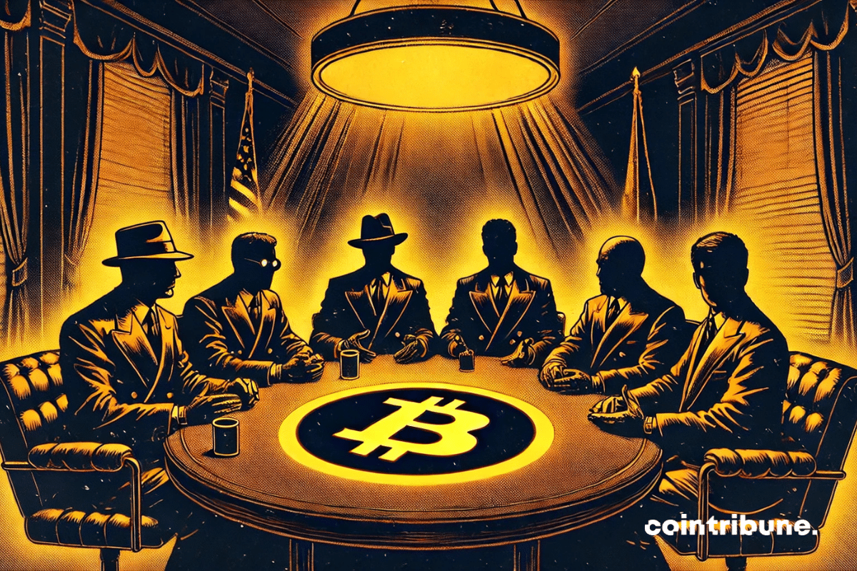 A secret meeting with six shadowy figures around a table, illuminated by a glowing Bitcoin