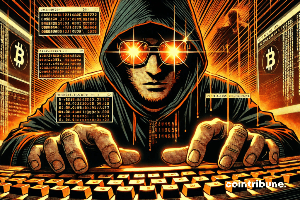 Un hacker en pleine action, plongé dans l'ombre, avec un écran lumineux affichant une énorme transaction crypto