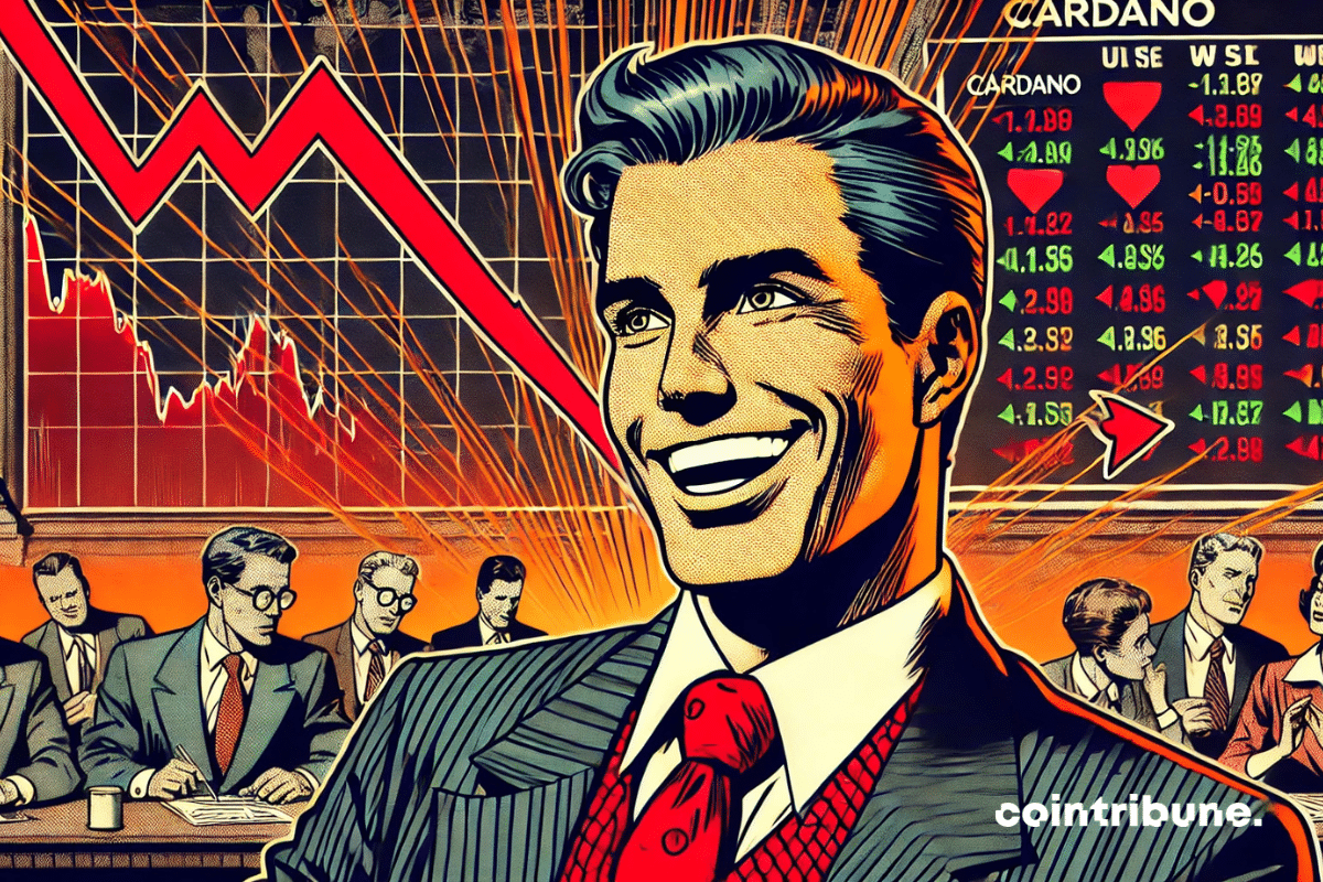 A confident investor smiles at a screen displaying Cardano's downfall, while chaos reigns around him.