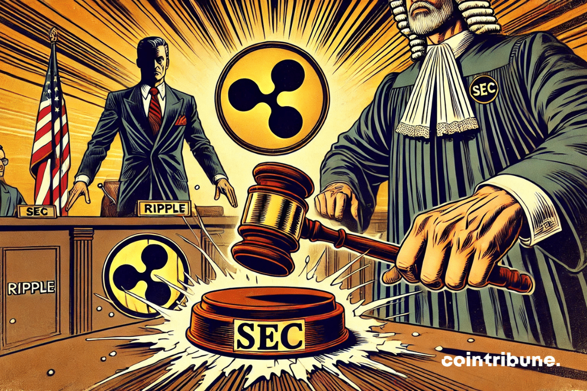 Crypto : La confrontation avec un juge rendant son verdict, les logos de Ripple et de la SEC fissurés sous l’impact du marteau