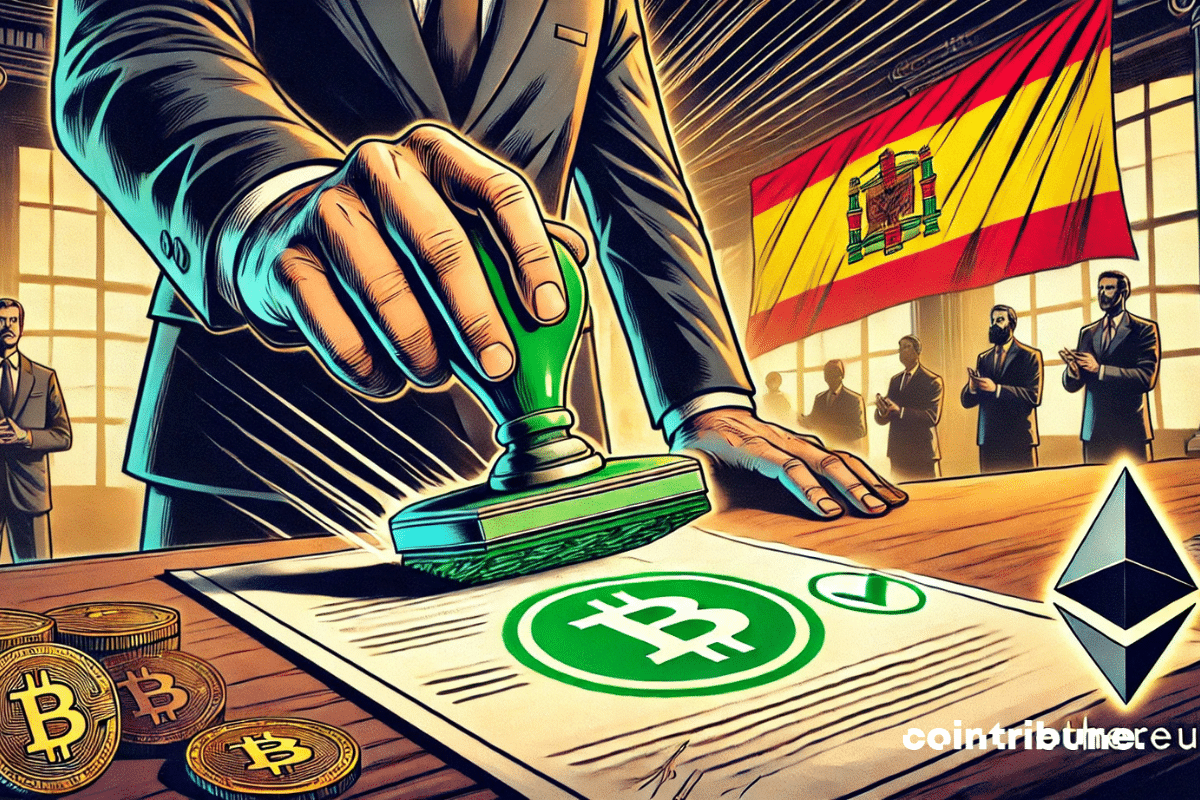 Criptografía: Una mano con traje estampa un sello verde con una marca en un documento en el que aparece el logotipo de Bitcoin.