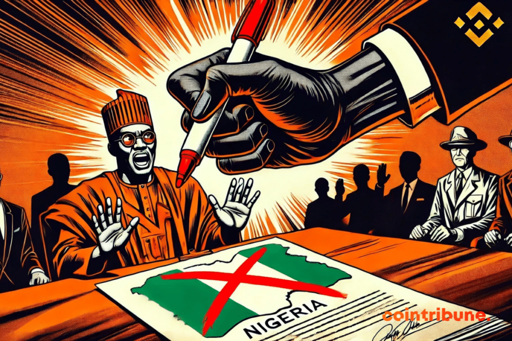 An impressive hand representing the exchange of crypto binance holds the red sign and forbids the flag of Nigeria