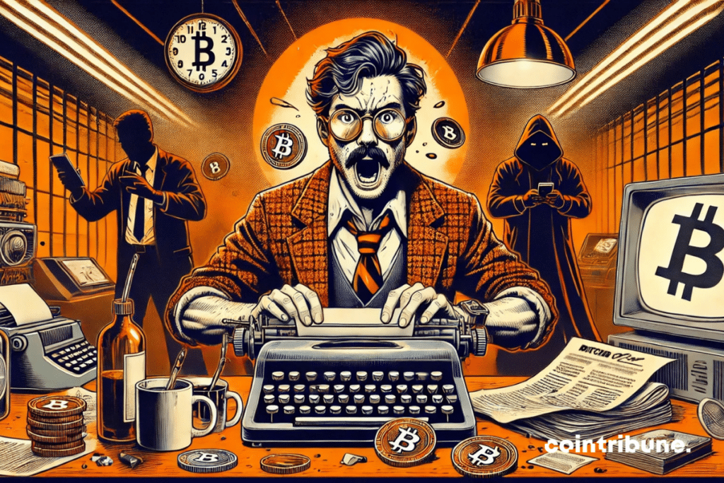 A crypto journalist typing intensely, surrounded by Bitcoin symbols and newsroom chaos.