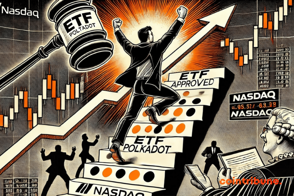 Un trader gravissant un escalier en forme de graphique haussier, atteignant le sommet où l'attend l'approbation symbolique de l'ETF crypto Polkadot