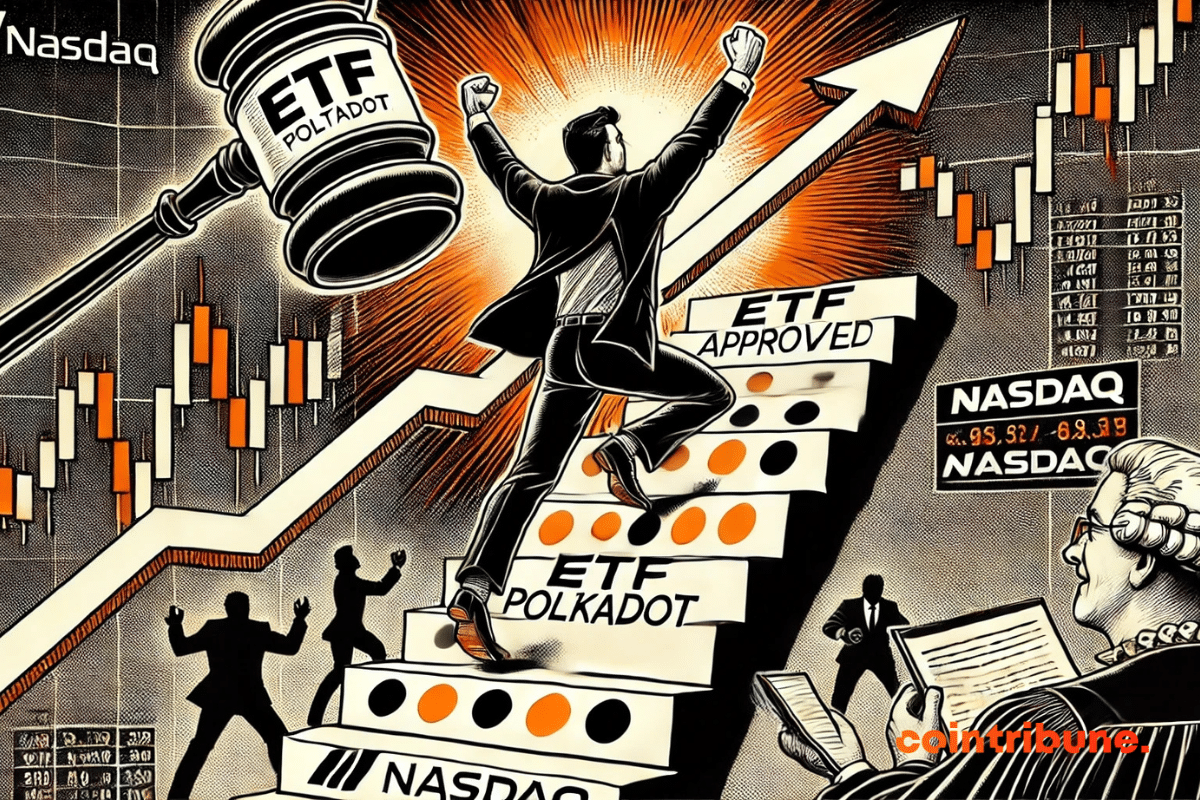 Un trader gravissant un escalier en forme de graphique haussier, atteignant le sommet où l'attend l'approbation symbolique de l'ETF crypto Polkadot