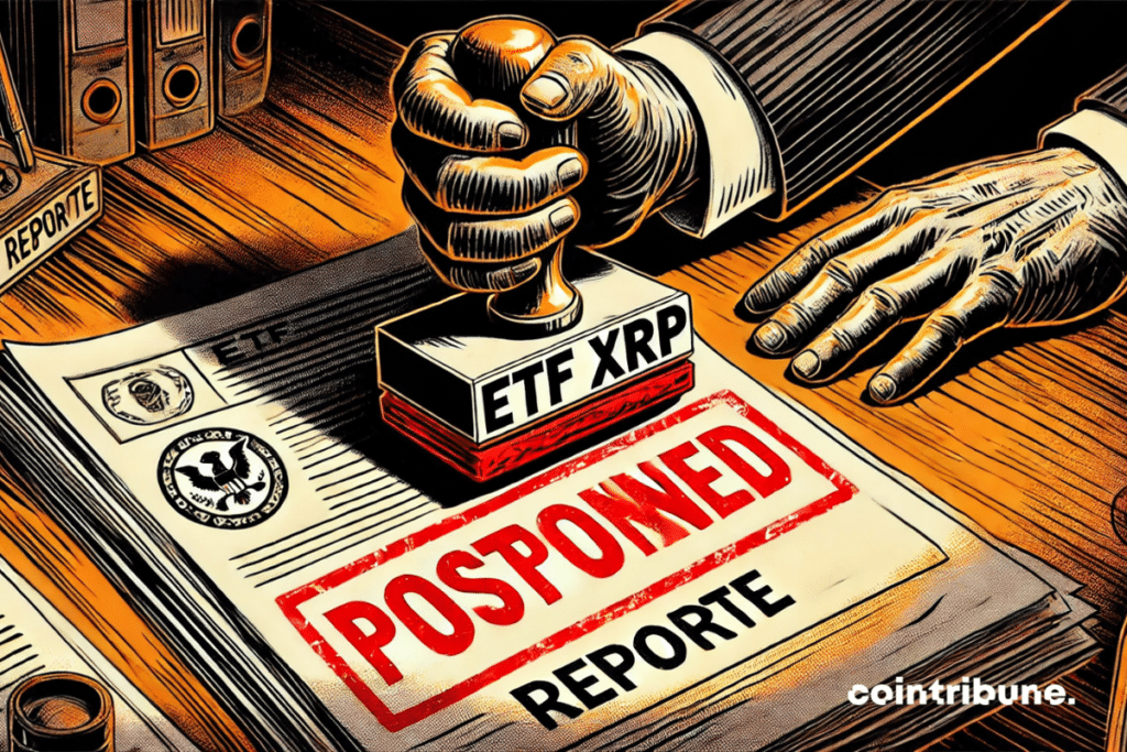 Crypto: a judge or SEC official pushing back a file symbolizing the XRP ETF, with a stack of similar documents and an imposing clock illustrating the wait.