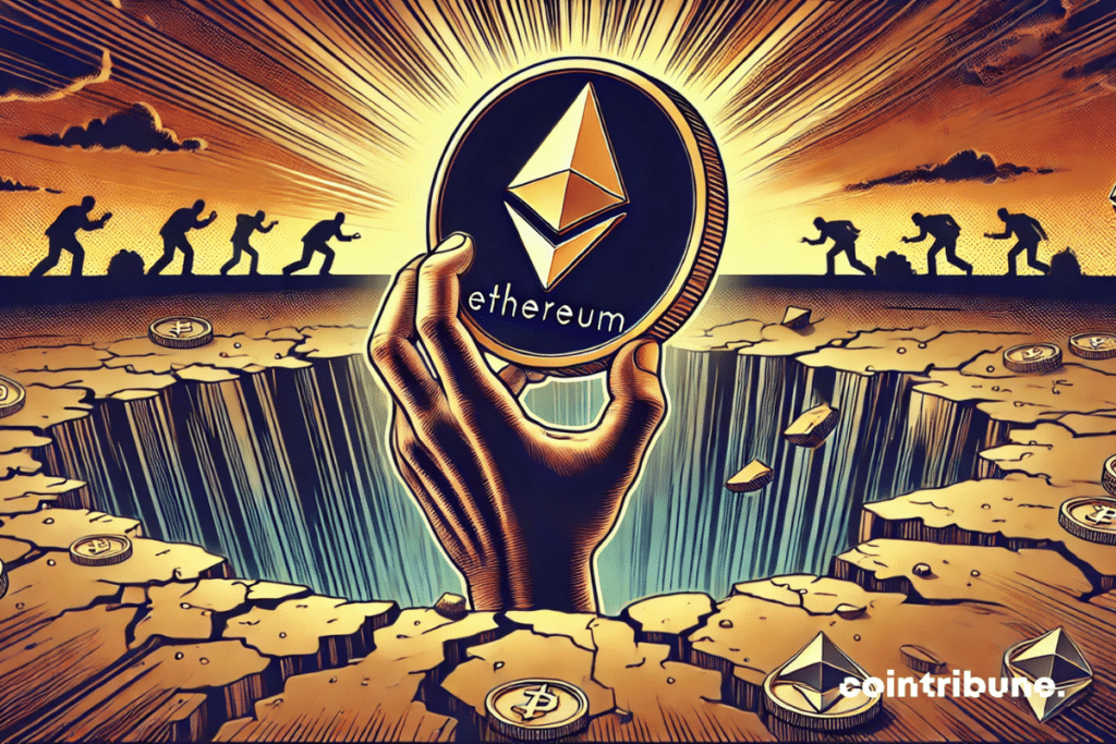 A hand emerges from a chasm, holding an illuminated Ethereum coin, while silhouettes cautiously move away in the background.