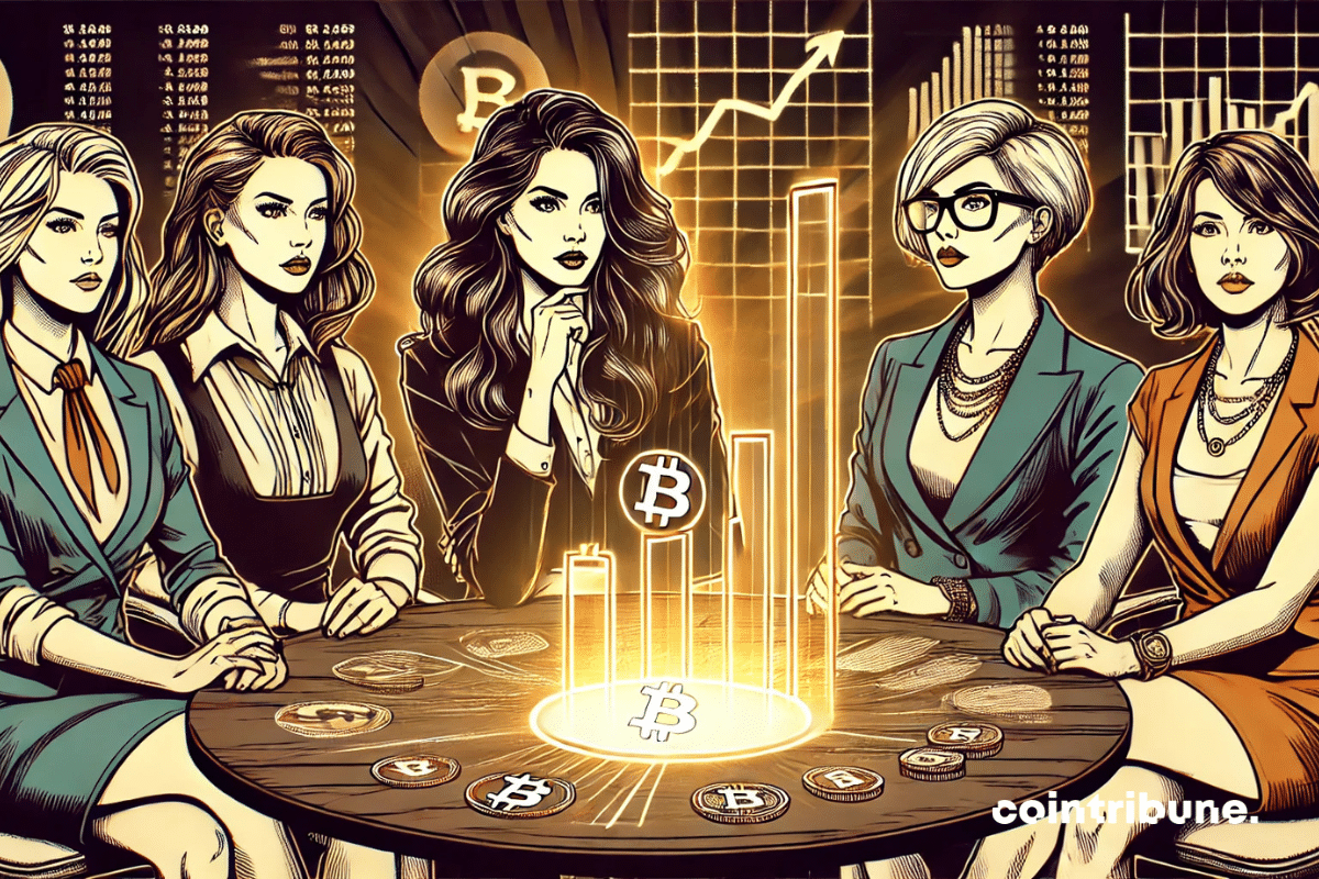 A group of female crypto investors analyzing a holographic chart.