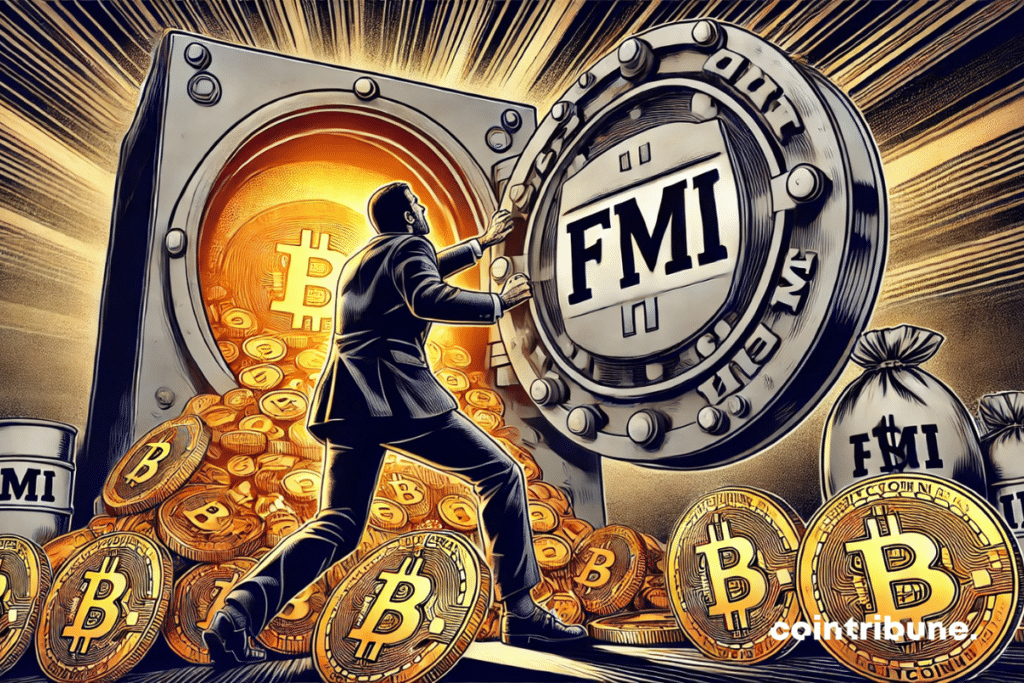 Vista desde un ángulo bajo de una caja fuerte rebosante de Bitcoins, con un enorme candado con la firma del FMI