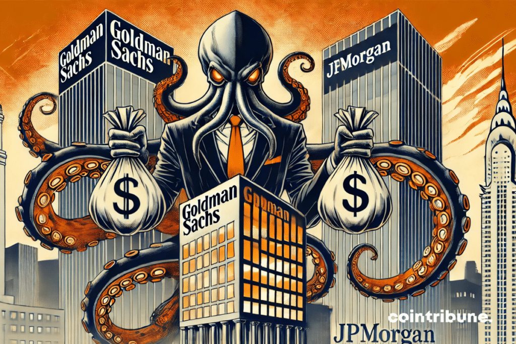 A gigantic octopus (representing Kraken) with tentacles holding bags of money and contracts