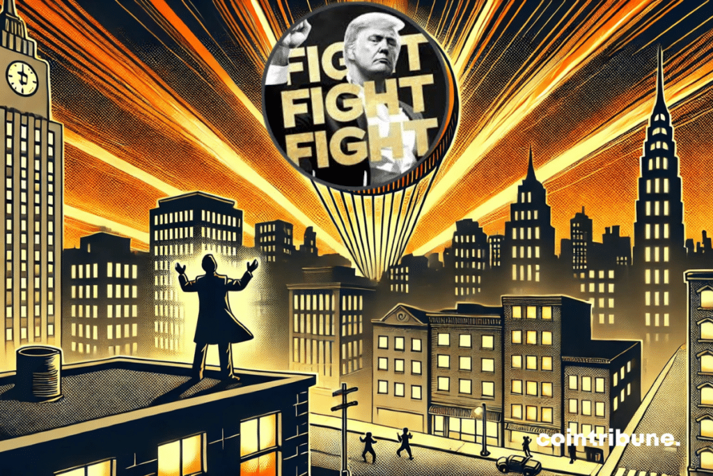 Une pièce crypto à l'image de Trump s’élève dans le ciel nocturne, sous les regards fascinés.