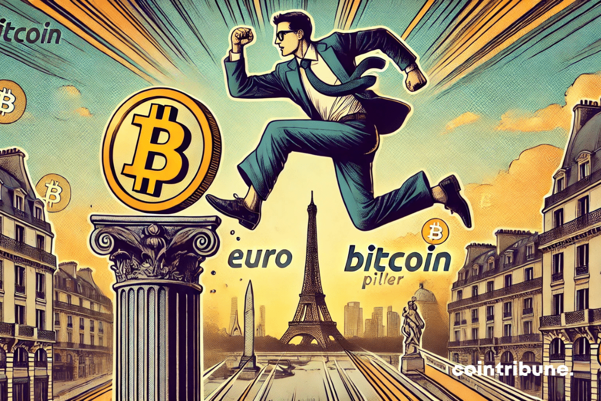 A French entrepreneur leaps from a crumbling “Euro” pillar to a bursting “Bitcoin” pillar