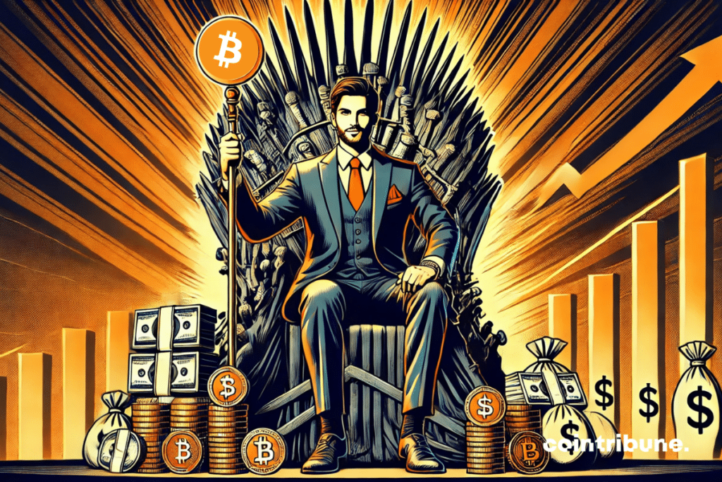 An elegantly costumed figure, seated on an imposing throne composed of stacked crypto and Bitcoin tokens and wads of cash, visually reminiscent of Game of Thrones' Iron Throne