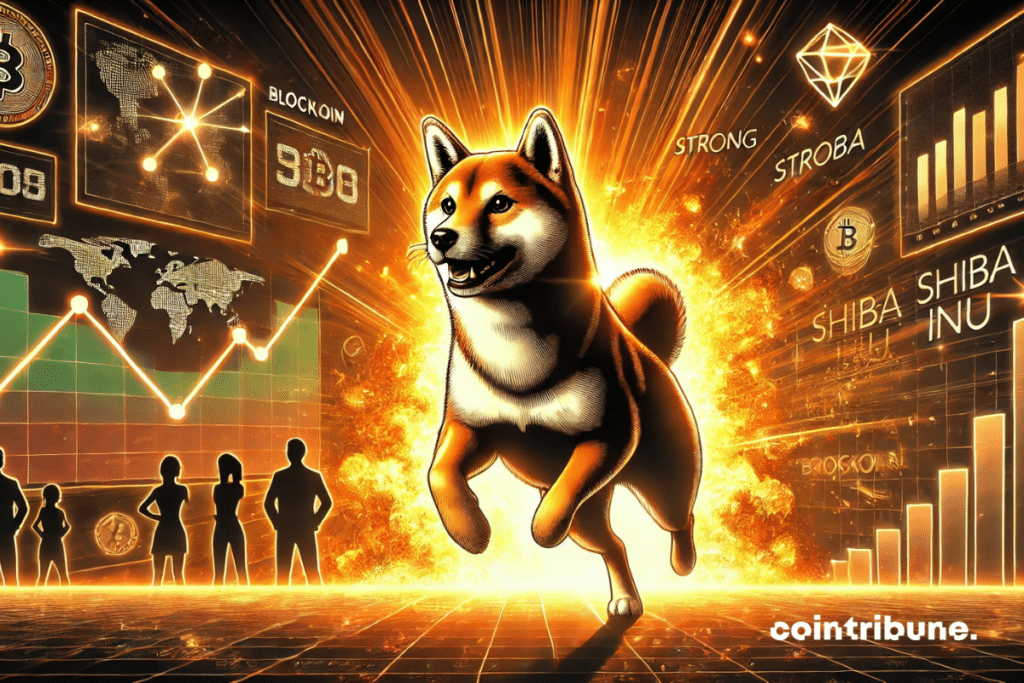 Un Shiba Inu radieux bondit devant des écrans financiers affichant des graphiques et des données sur les cryptomonnaies, avec une explosion lumineuse en arrière-plan.