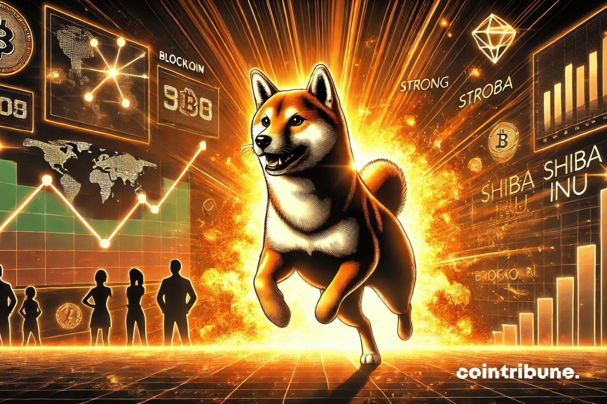 Un radiante Shiba Inu salta delante de pantallas financieras que muestran gráficos y datos sobre criptomonedas, con una brillante explosión de fondo.