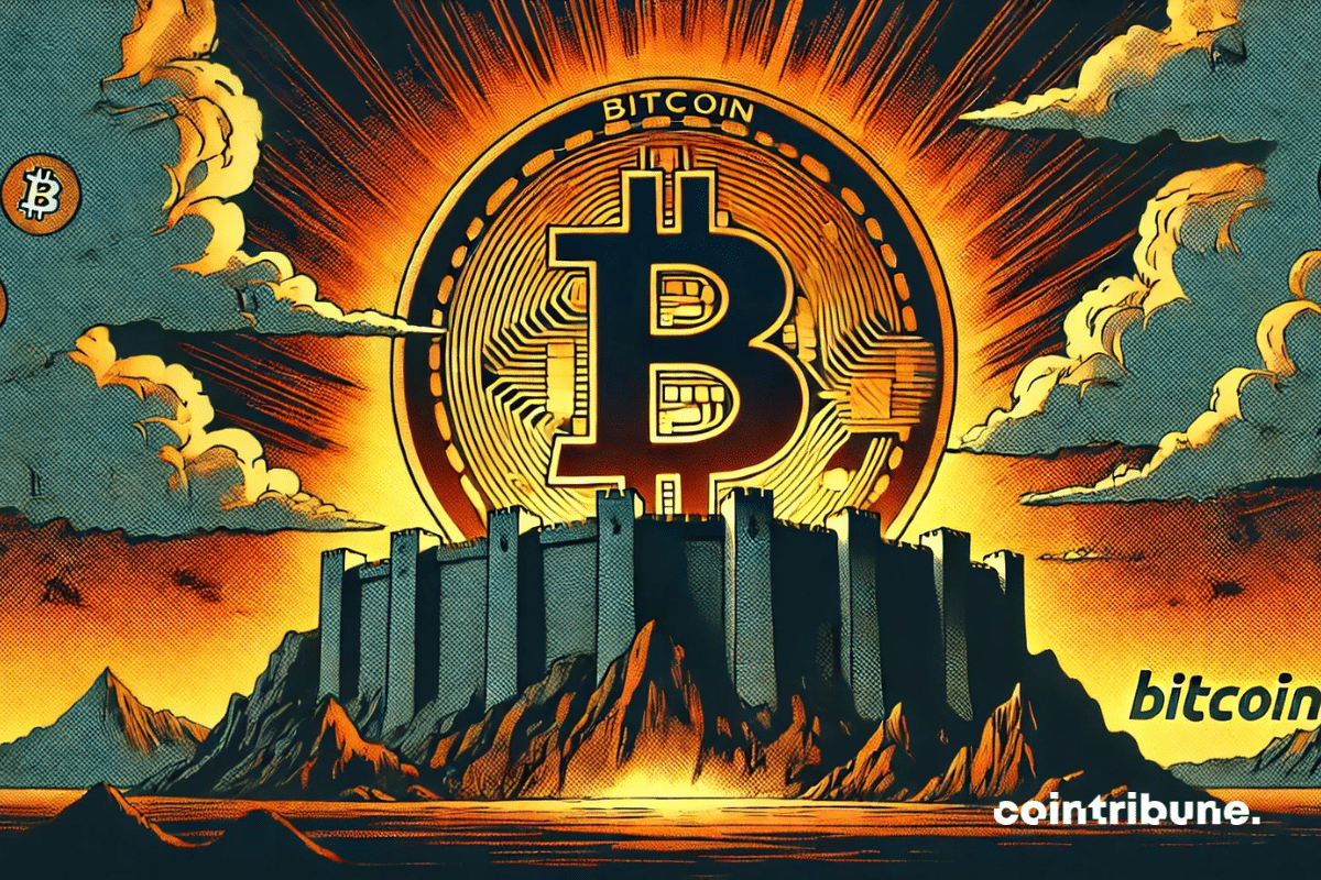 The image depicts an imposing fortress in the shape of the Bitcoin logo, set amidst a dramatic landscape. The massive architecture of the structure, with its thick walls and sturdy towers, evokes the solidity and resilience of the cryptocurrency. Intense orange light emanates from the ramparts and openings, symbolizing the power and value of Bitcoin. This glow contrasts sharply with a stormy sky, laden with dark clouds that add dramatic tension to the scene.