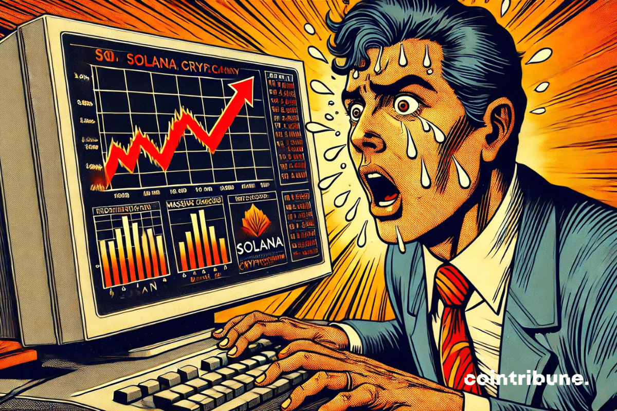 A panicked investor in front of his screen showing Solana's massive fall