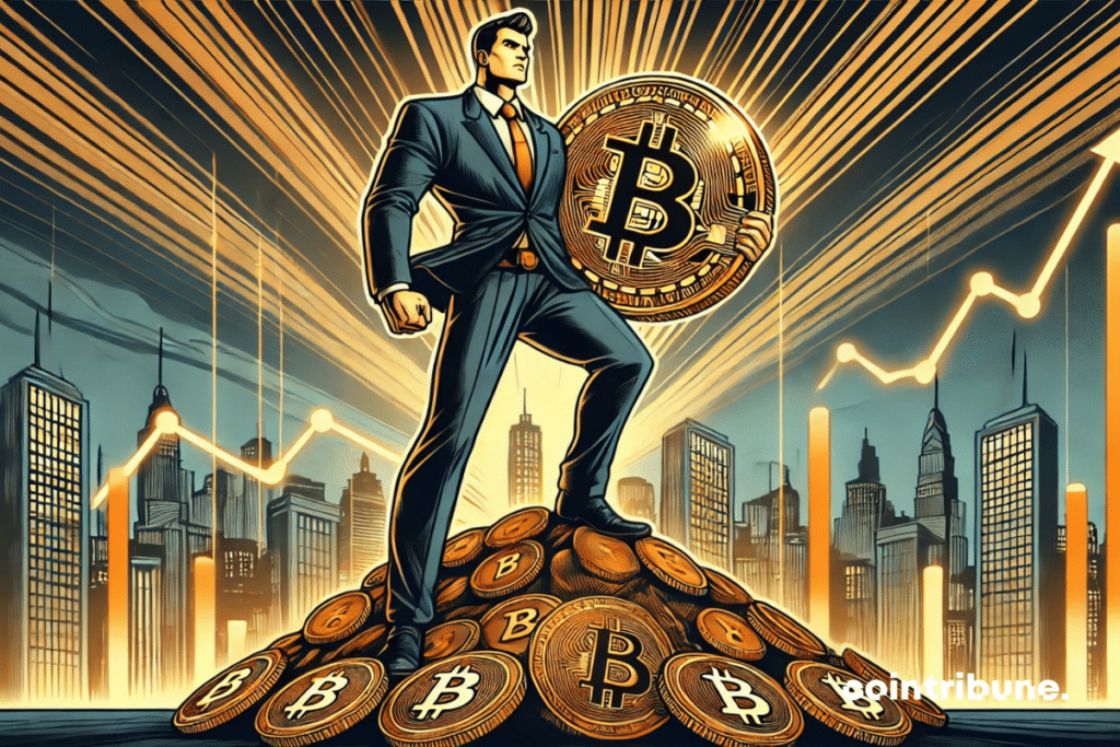 An imposing businessman towering over a mountain of Bitcoins, a symbol of financial power and ambition.