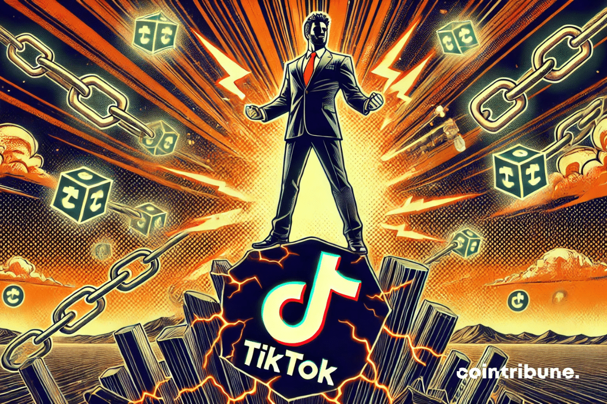 A powerful businessman dominates a cracked TikTok logo, with blockchain symbols invading the background in a dramatic flash