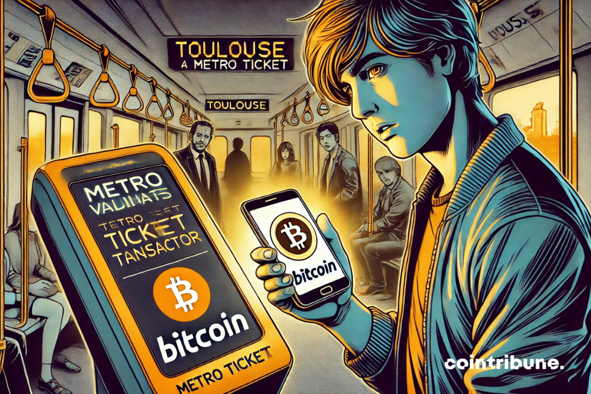 Un usager payant avec son smartphone devant un valideur de ticket, mettant en avant la crypto dans les transports toulousains.