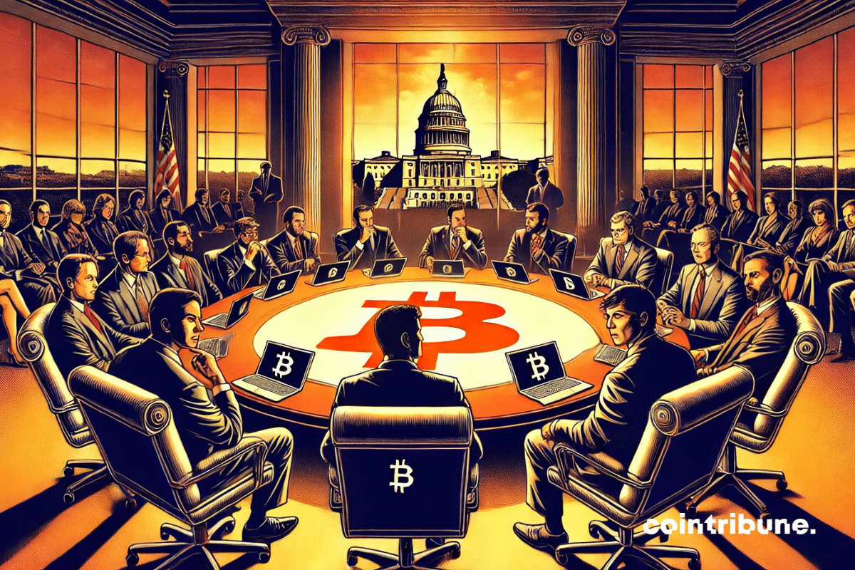 Conference room with a view of the Capitol in the background. Government representatives in serious suits, crypto figures (with Bitcoin logo).