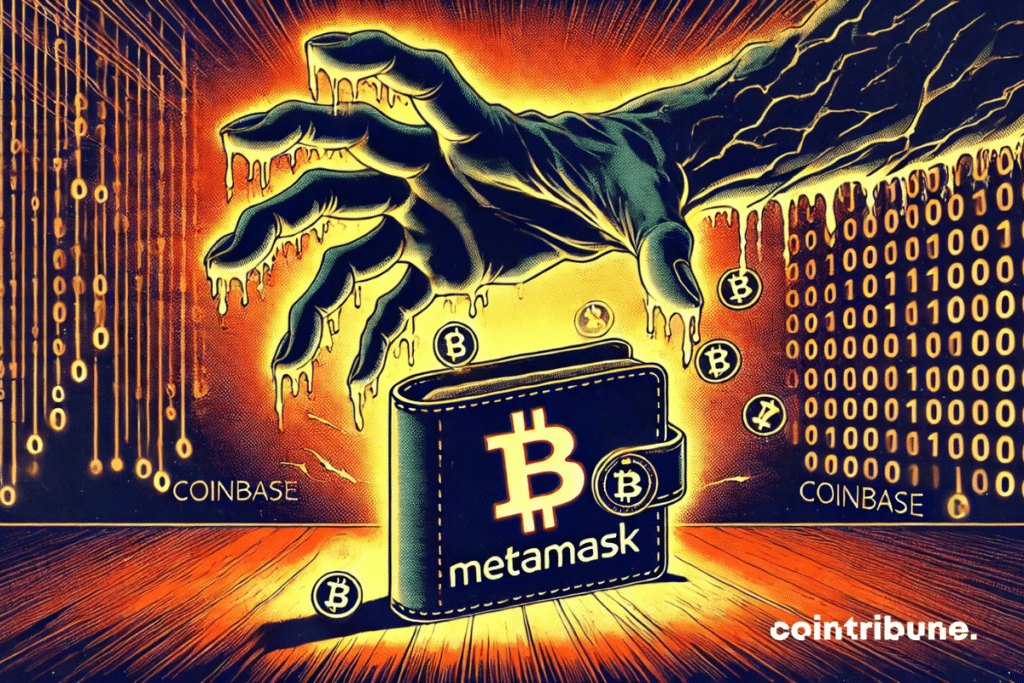 Un gros plan sur un portefeuille crypto MetaMask ouvert, avec une main sombre et déformée le subtilisant.