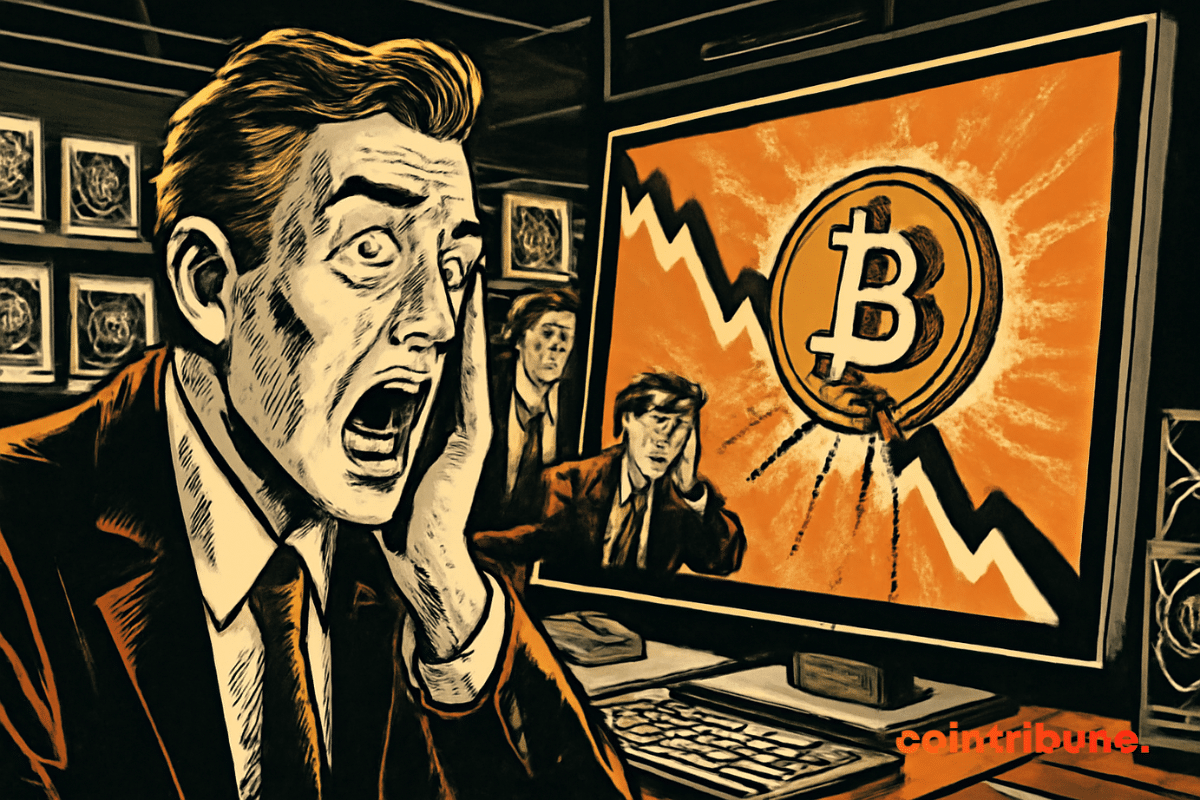 Illustration d'un trader paniqué observe la chute brutale du Bitcoin