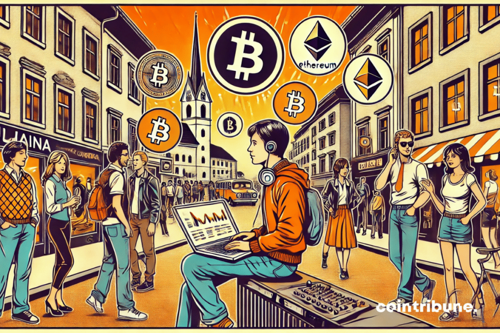 The image shows a dynamic scene on the streets of Ljubljana, with a young techie holding a laptop displaying charts of rapidly growing cryptocurrencies.