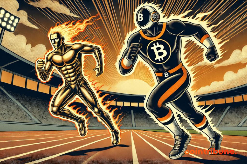A humanoid Bitcoin sprints along a track, chasing a flamboyant figure representing gold.