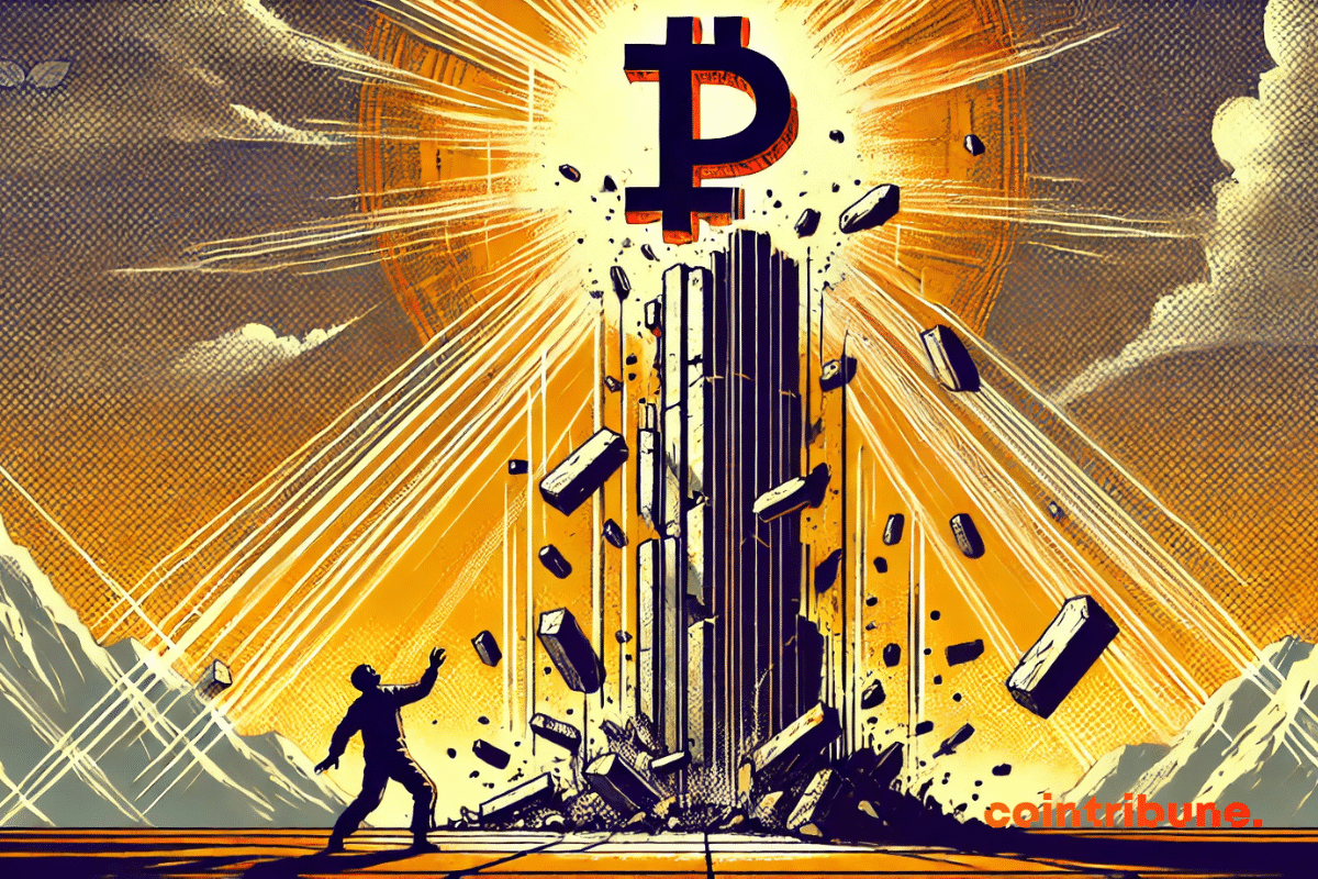La crypto Pi Network trône au sommet d’un totem instable, observé par un trader en admiration ou en quête.