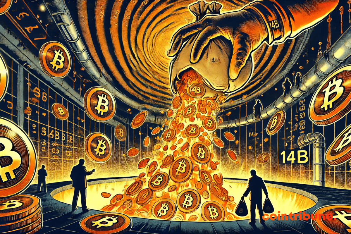 A giant gloved hand pours cascading Bitcoins from a bag marked “14B”.